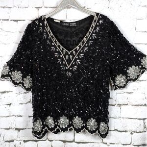 VINTAGE MEGERE Art Deco Sequined Beaded Silk Blouse Glam Whimsygoth *XL